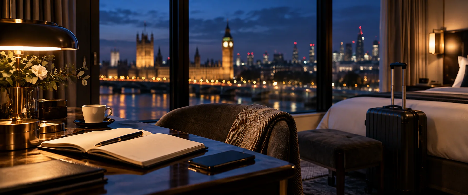 Airport travel itinerary on a desk overlooking London