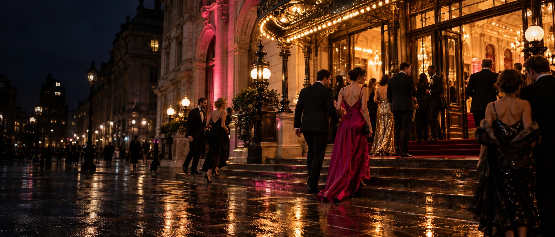 Guests entering a formal event venue at night