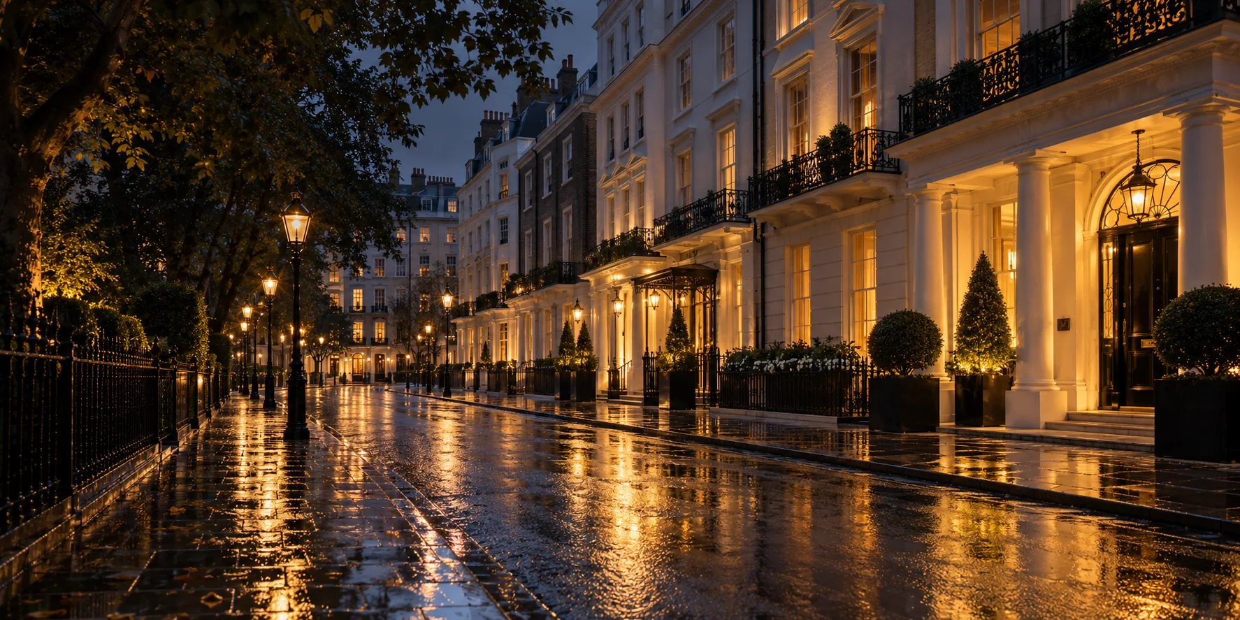 London shopping street in light evening rain