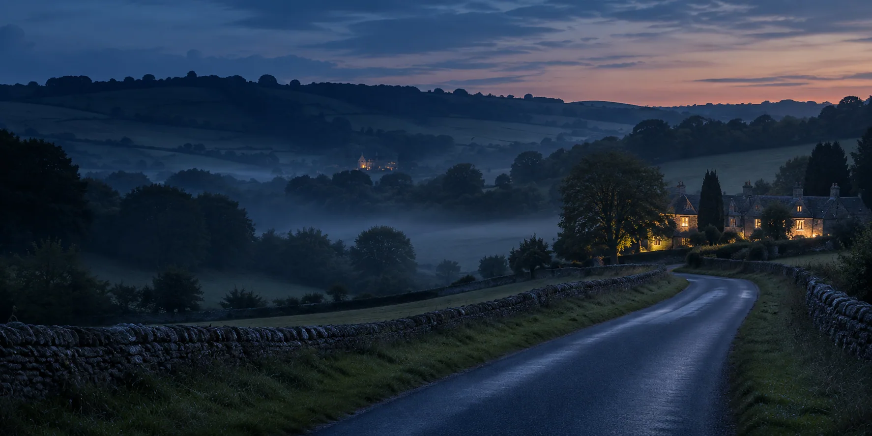 Quiet British country road at dusk