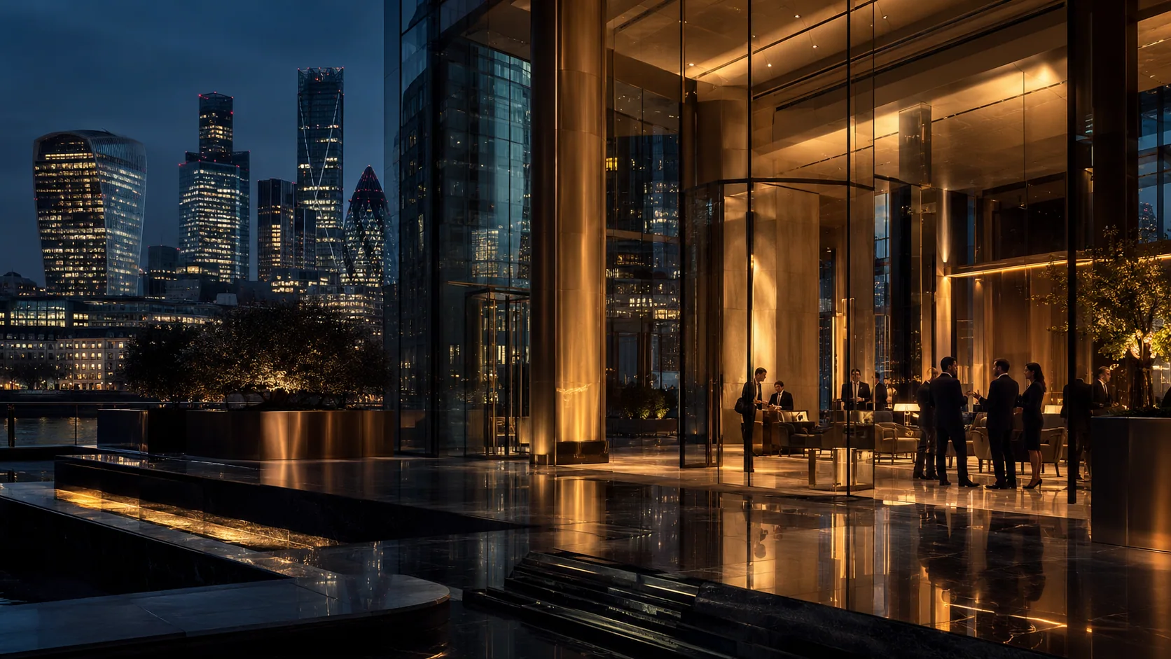 London office district seen from an evening lobby