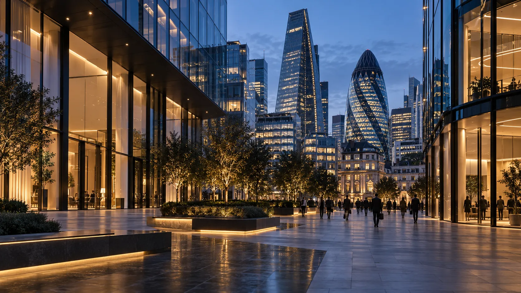 London business district plaza at blue hour