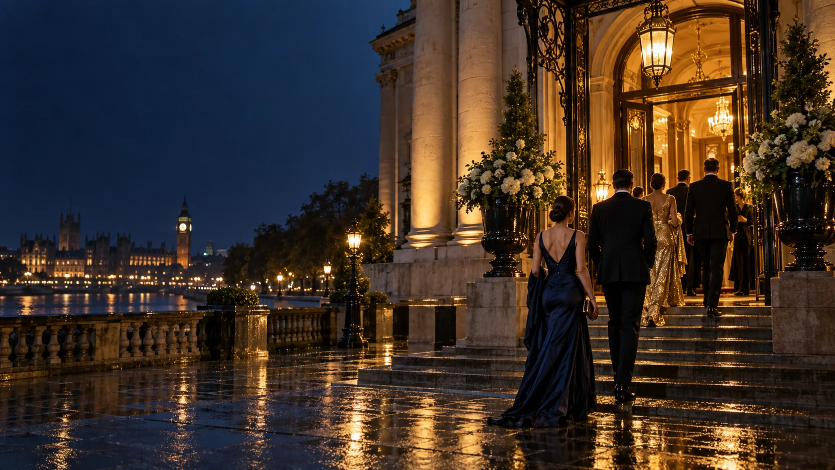 Guests approaching a London event venue after rain