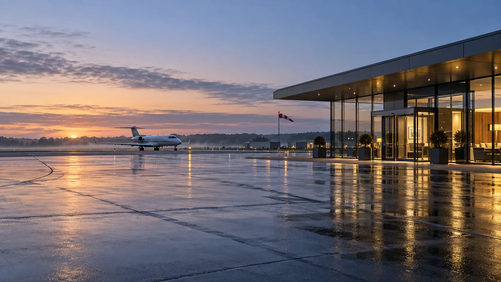Illustrative private aviation facility at dawn