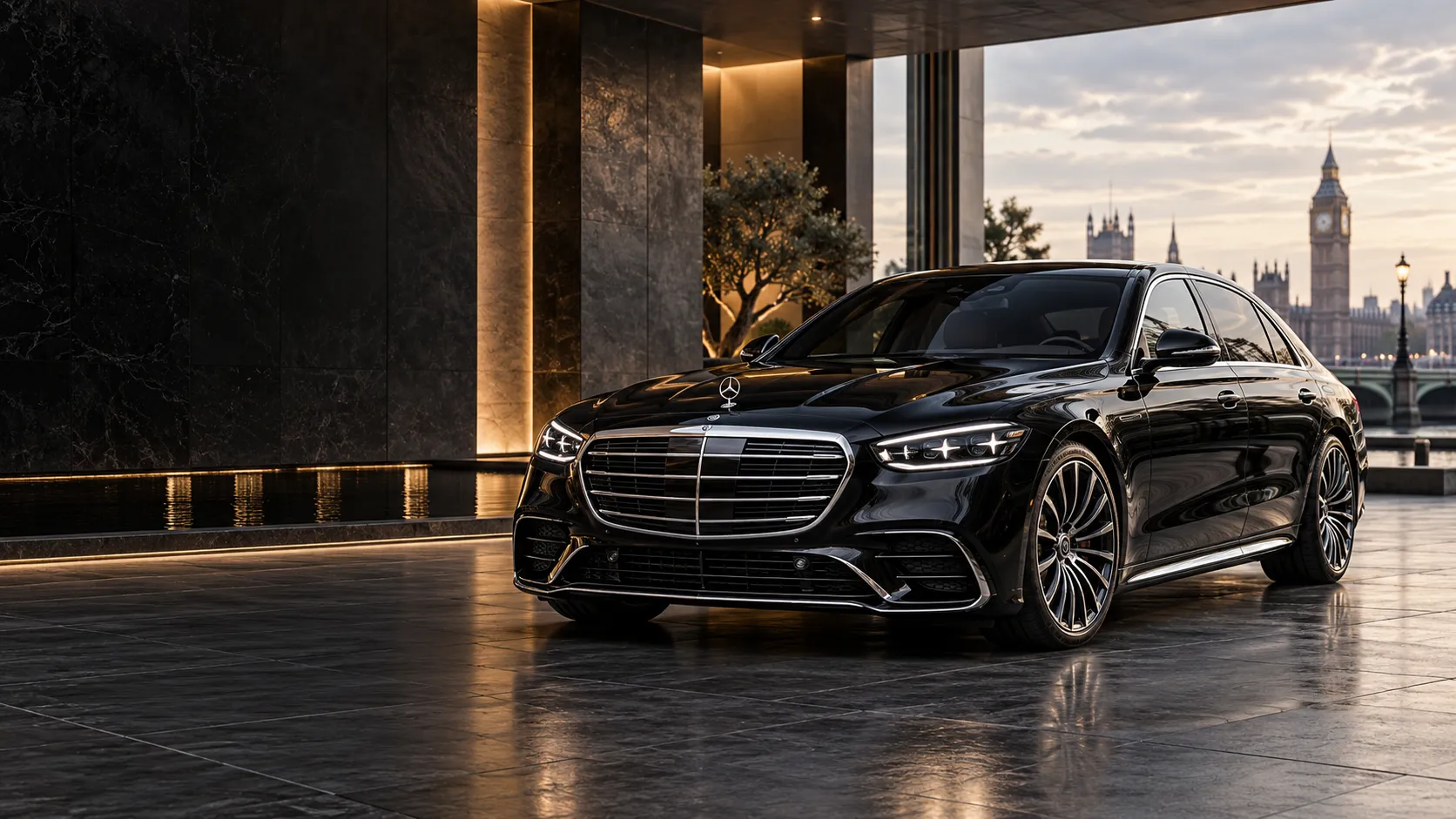 Illustration of a new-shape Mercedes-Benz S-Class in a modern pavilion
