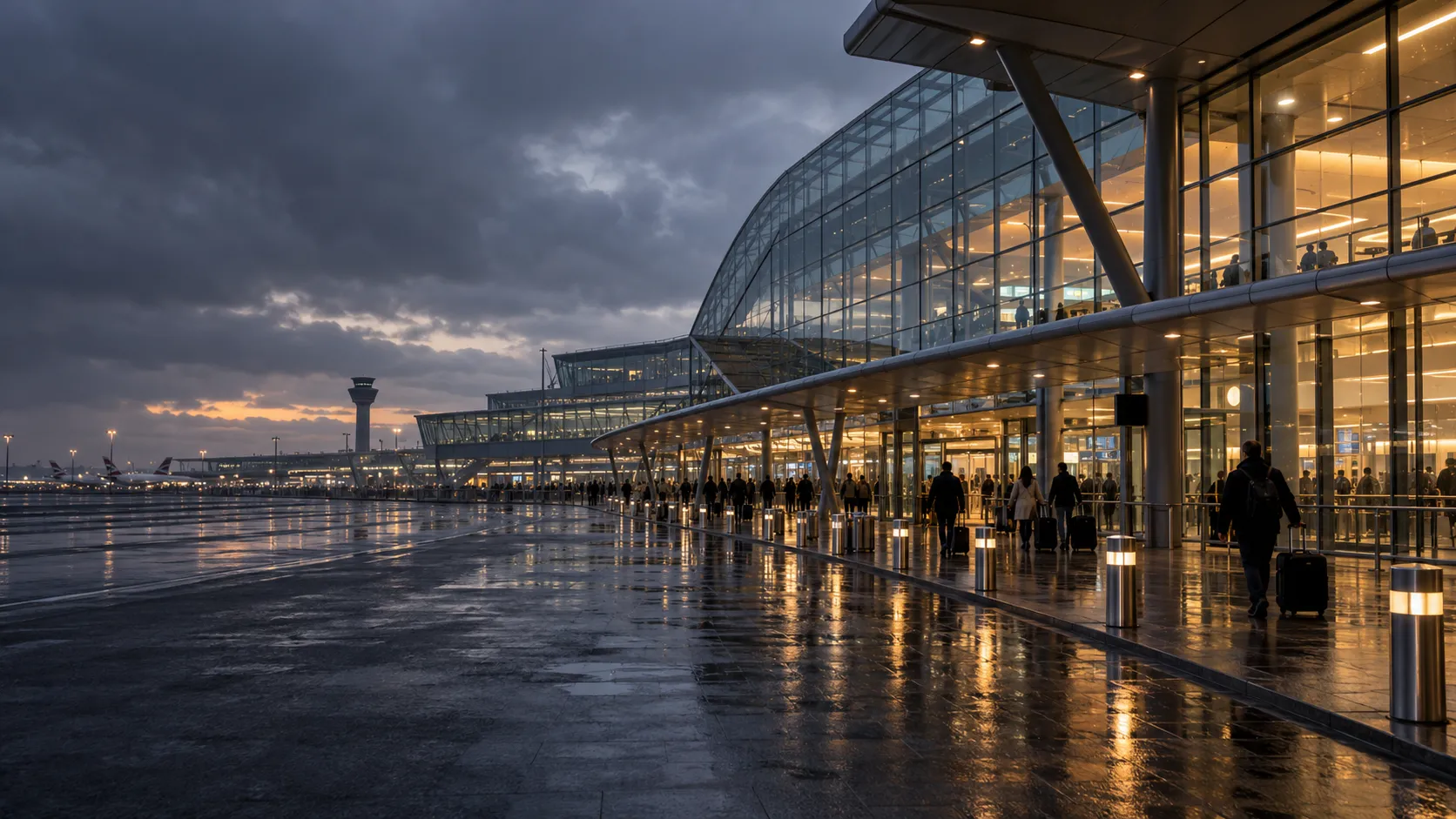 Illustrative airport terminal approach on an overcast morning