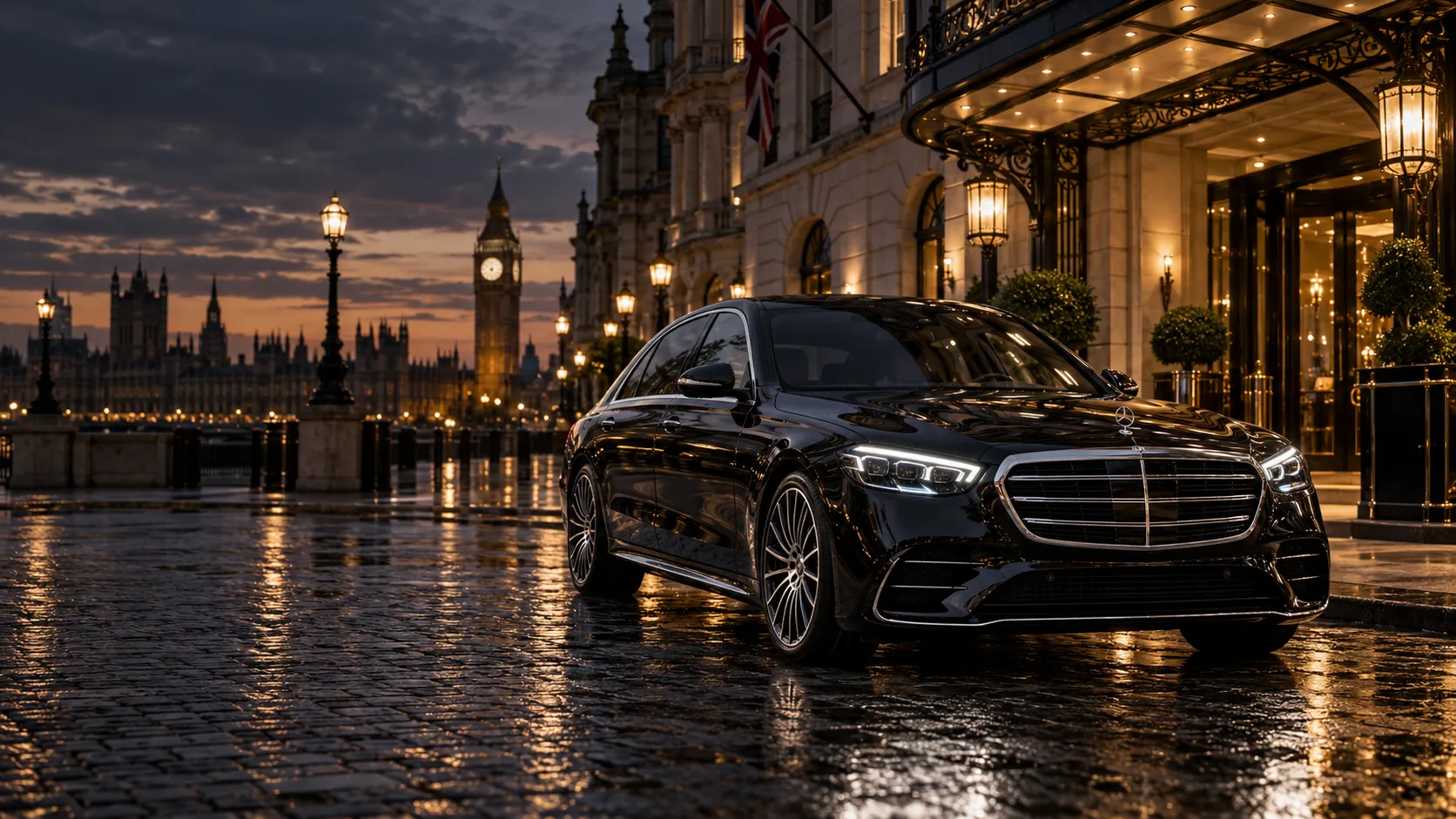 Illustration of a new-shape Mercedes-Benz S-Class at a London hotel at dusk