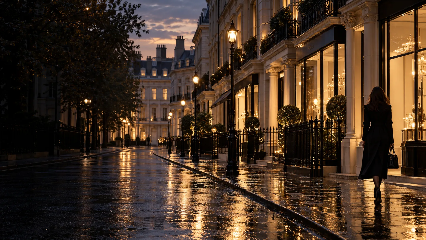 Mayfair shopping street and hotel fronts at evening