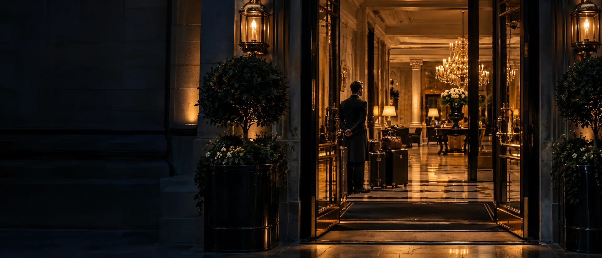 Mayfair hotel entrance illuminated at dusk
