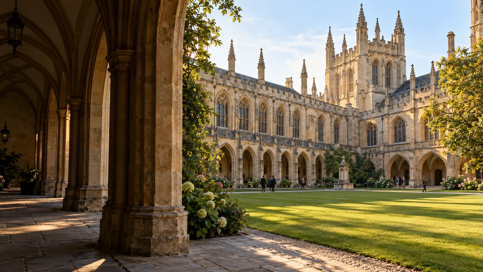 Illustrative historic college quadrangle with stone arches