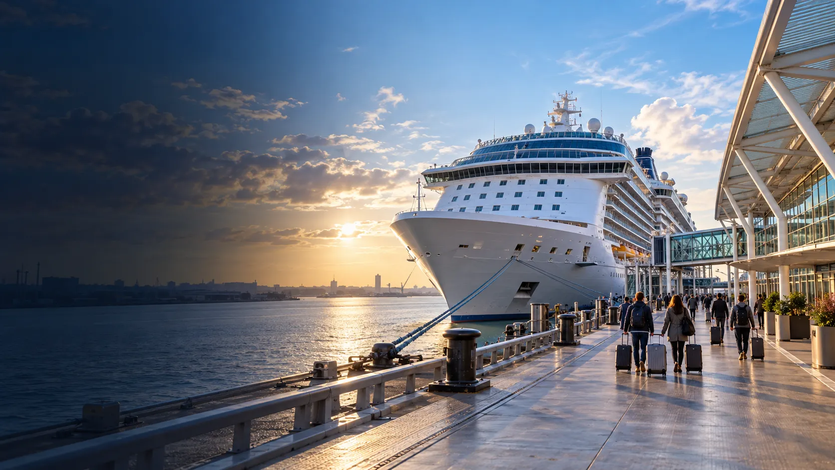 White cruise ship at a UK passenger terminal in morning light