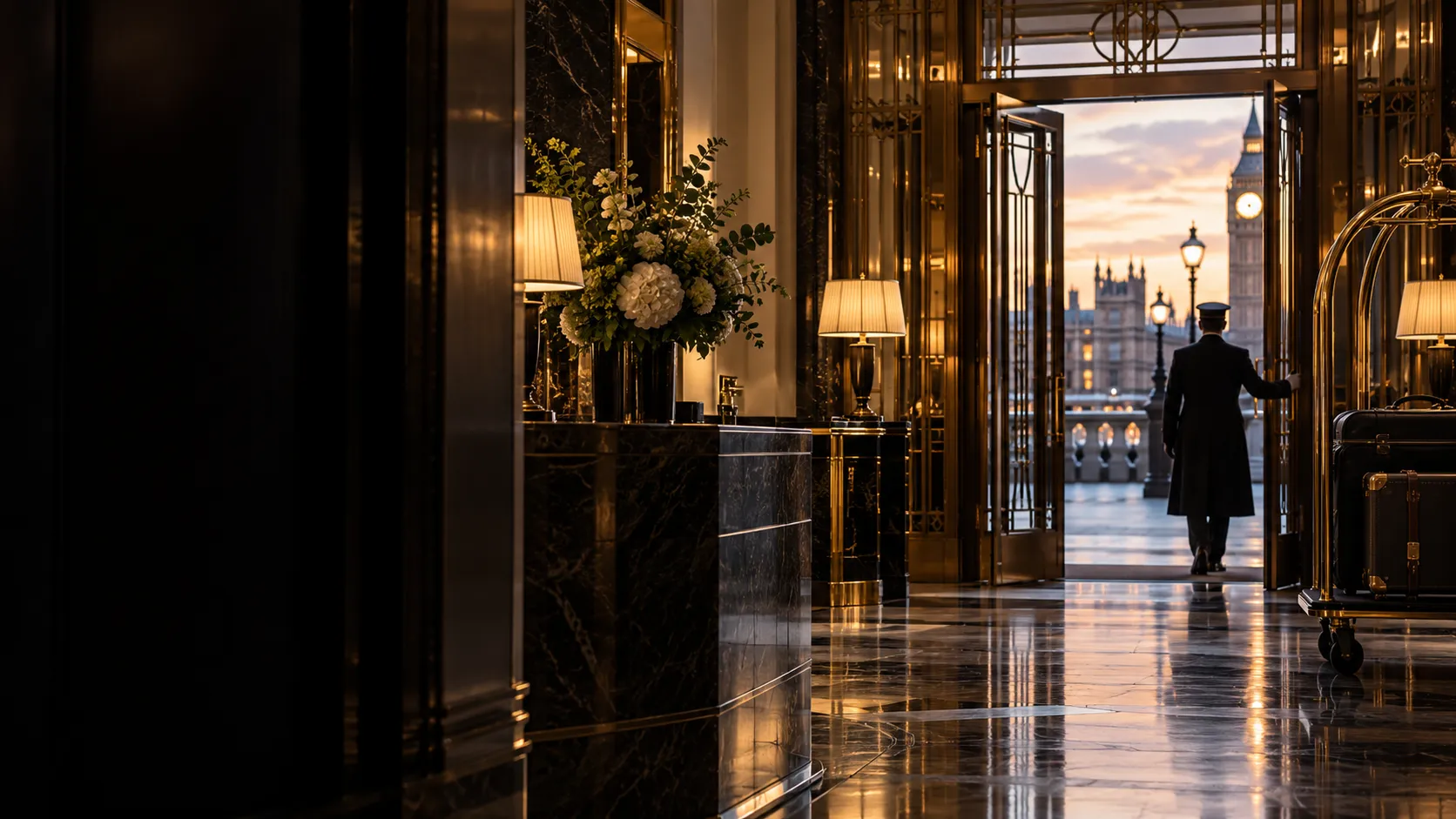 London hotel concierge lobby with warm evening light