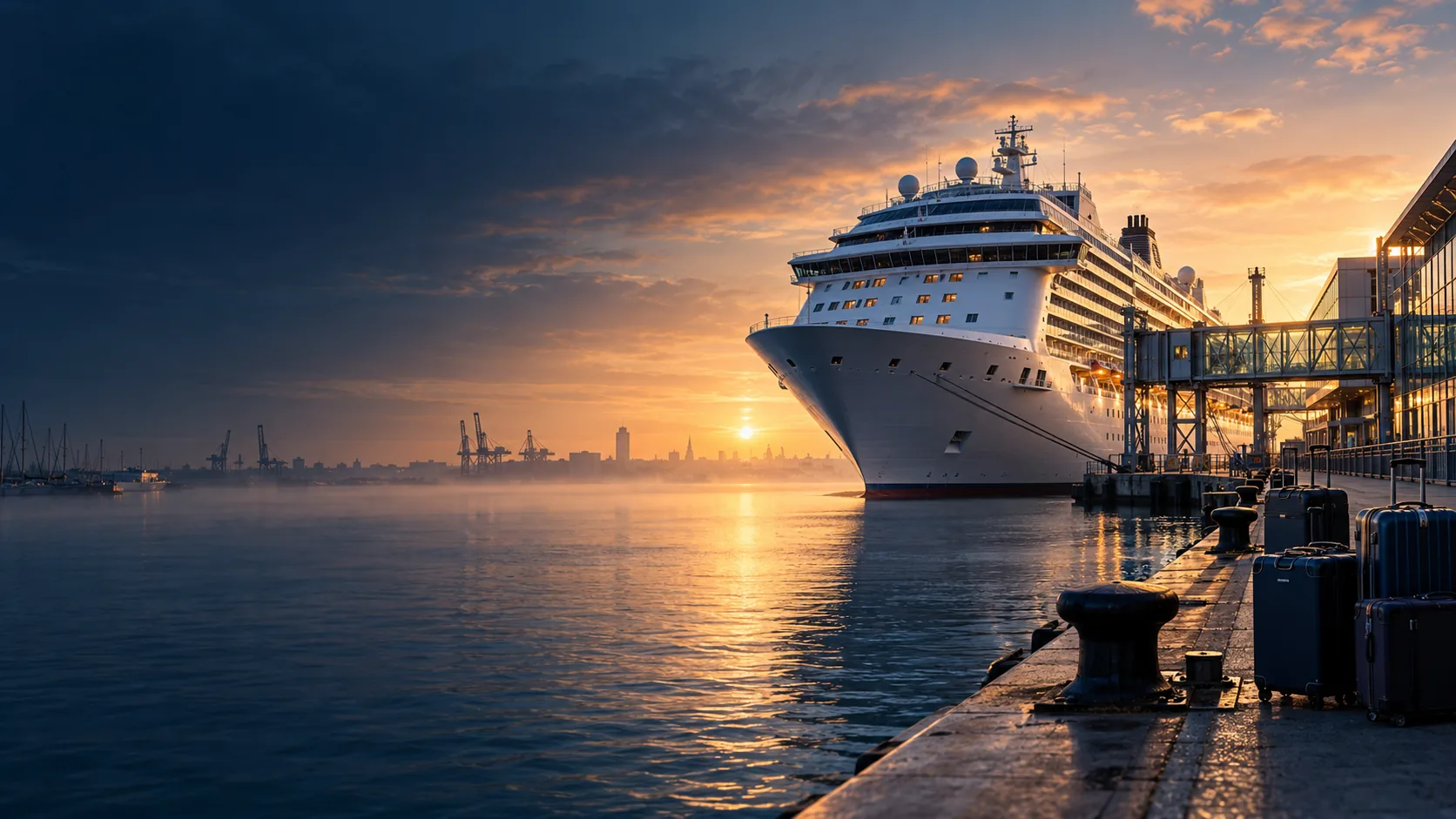Illustrative cruise ship beside a passenger terminal