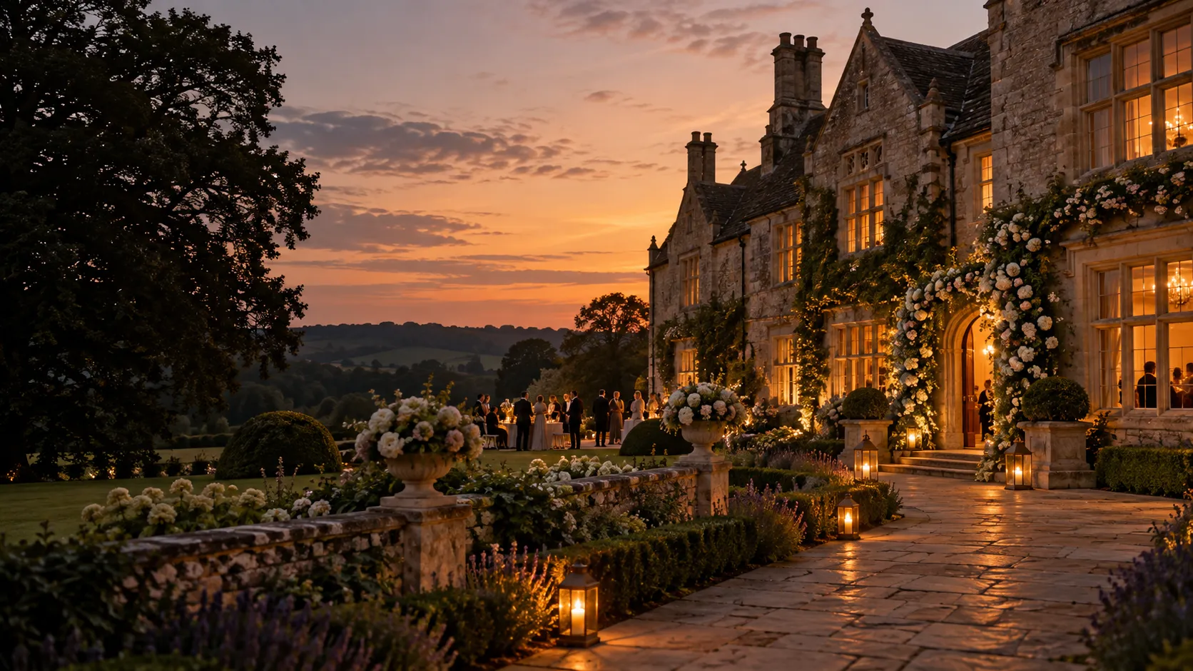 English country wedding venue illuminated at dusk